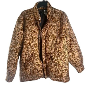 Clio Vintage Puffer Coat 100% Silk Leopard Lightweight Nylon Lining Size Large - Picture 1 of 8