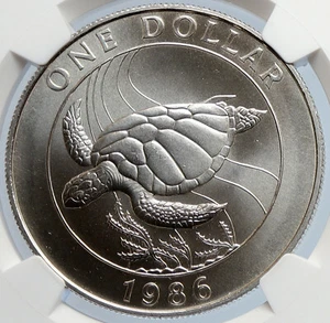 1986 Bermuda UK Queen Elizabeth II TURTLE Proof Silver 1 Dollar Coin NGC i105903 - Picture 1 of 5