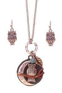 Silver-Tone Owl Moon Necklace Set Copper-Tone Gold-Tone Patina Green 26”