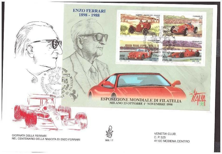 FDC Venetia Club 1998 - Ferrari Sheet of Stamps Viaggiata - Image 1 of 1