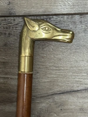复古木甘蔗手杖带黄铜马头 35 英寸长 — 第 1/4 张图片