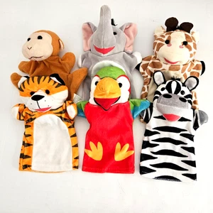 Zoo Animal Hand Puppet Set of 6 Elephant Tiger Parrot Monkey Zebra Giraffe Plush - Picture 1 of 17