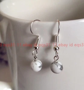 6mm White Howlite Bead Drop Earrings Natural Stone Silver Hook Gemstone Simple - Picture 1 of 12