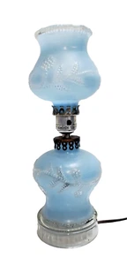 Vtg Blue Frosted Glass w/Embossed Floral Design Boudoir Desk Night Lamp 13" - Picture 1 of 14