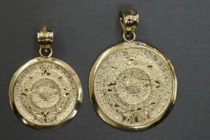 10K Solid Yellow Gold Aztec Mayan Sun Calendar Charm Pendant. 2 Sizes  - Picture 1 of 19