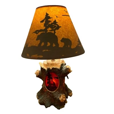 Rustic Tree Table Lamp w Bear Scene Cutouts Amber Glow Shade Lodge Cabin Decor - Image 1 of 4
