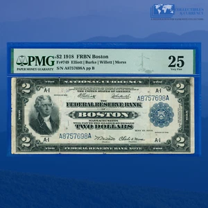 Fr.749 1918 $2 Two Dollars FRBN BOSTON "BATTLESHIP", PMG VF 25 #57698 - Picture 1 of 3