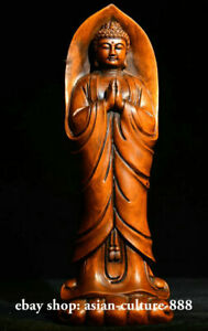 8" Tibetan  Boxwood Wood Stand Sakyamuni Tathagata Buddha Buddhism Lotus Statue