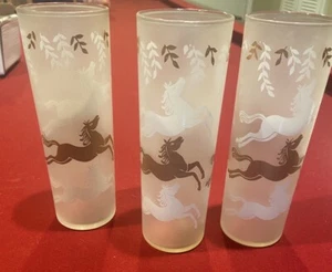Libby Frosted Horse Cavalcade Tom Collins Vtg Glasses 7” Set Of 3 - Picture 1 of 1
