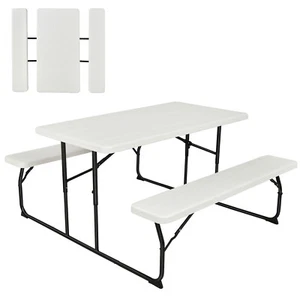 Indoor & Outdoor Folding Picnic Table Bench Set w/ Wood-like Texture White - Picture 1 of 11