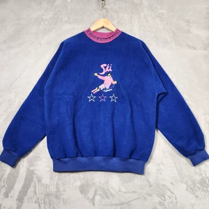 VINTAGE 80s OZ BEAR MENS JUMPER SIZE M BLUE FLEECE SKI LOGO SWEATER L/SLEEVE - Picture 1 of 13