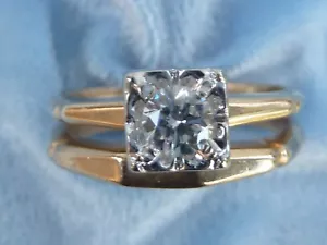 Set matrimonio vintage in oro giallo 14 carati, diamante tondo 4 mm, 1/4 di carato, misura 6 - Foto 1 di 7
