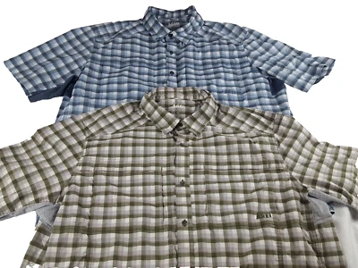 Мужская туристическая рубашка REI XL с коротким рукавом в клетку с вентиляцией на пуговицах 6% спандекс лот из 2 - Изображение 1 из 4