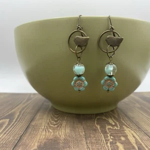 Brass Czech Glass Bird Earrings Handmade Flowers Teal Dangle Drop Boho Jewelry - Picture 1 of 4