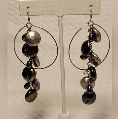Sterling Silver Black Peacock Coin Faux Pearls Dangle Earrings 925 Ring - Image 1 of 4