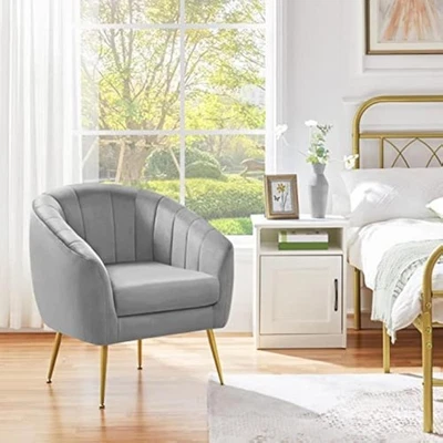 Silla tocador moderna, silla de terciopelo suave acento con patas de metal dorado, tu Foto 1 de 4