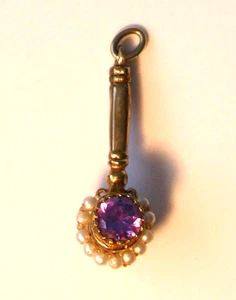 Antique VICTORIAN Gold Filled AMETHYST Glass or Gem & PEARLS Watch FOB Pendant - Picture 1 of 6