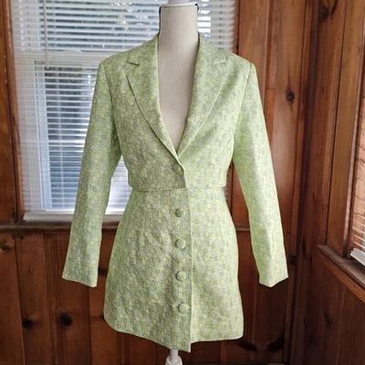 Conjunto de mini-saia blazer Miss Selfridge verde azul floral jacquard preppy retrô 8 M - Imagem 1 de 4