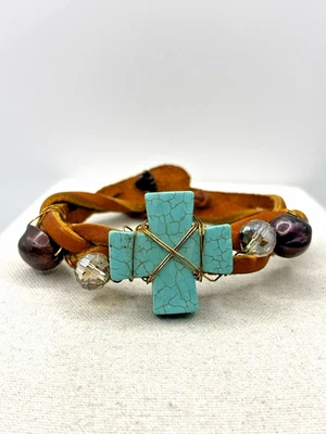 Braided Leather Square Cross Stone Crystal Baroque Keshi Pearl Charm Bracelet - Image 1 of 4