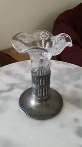 EAPG Duncan & Miller Rock Crystal Posy Vase Metal Quadruple Plate Signed Stand - Picture 1 of 3