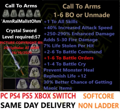 ✅ PC PS4 PS5 XBOX SWITCH ✅ CTA Extra % Life/Mana Diablo 2 Resurrected Items D2R Foto 1 de 2