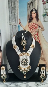 Indisches Bollywood Gold grüne Perle Tikka und Ohrringe Schmuck Set - Bild 1 von 2