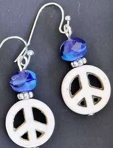 Silver, Ivory Howlite Peace Sign with Blue Tone Picasso Bead Dangle Earrings. - Picture 1 of 3