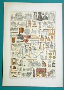 ROMAN Utensils Building Tools Carriages Trades etc - 1883 Color Litho Print - Picture 1 of 1