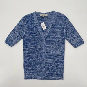 NWT LOFT Women's Knit Top Size S Blue White Marled V-Neck Buttoned Short Sleeves - Picture 1 of 14