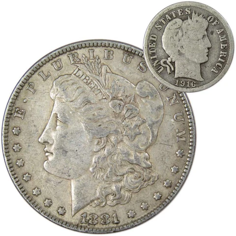 1881 Morgan Dollar XF EF Extremely Fine 90% Silver with 1916 Barber Dime G Good Cover
