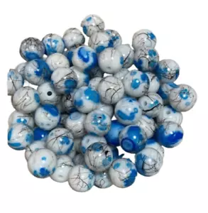 50pcs-10mm Glass Beads White/Blue with Black Striations Loose Bead Pack-Destash - Picture 1 of 2
