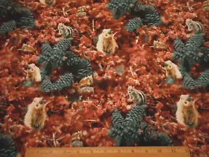 Quilt Fabric Short Yard Squirrels Pinecones Rust Brown Leaves Premium Cotton - Picture 1 of 2