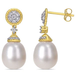 Amour 14k Yellow Gold Cultured FW Pearl and Diamond Cluster Drop Earrings - Picture 1 of 4