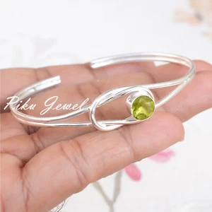 Faceted Peridot Gemstone Bangle 925 Sterling Silver Bracelet Different Type Gift - Picture 1 of 4