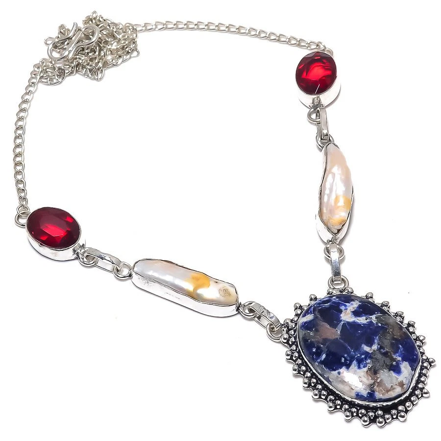 Collar Joyería Cadena Chapado en Plata Piedras Preciosas Granate Perla Biwa Sodalita 18" Foto 1 de 1