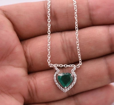 Gold Lab Grown Emerald Heart Necklace: Diamond Halo Pendant Wedding Gift Her - Image 1 of 3