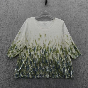 Coldwater Creek Sequin Knit Top 3X Ivory Green Ombre Plus Size Blouse Women - Picture 1 of 13