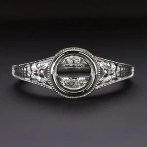 VINTAGE STYLE RING SETTING BEZEL MOUNT FLORAL ENGRAVED 14k WHITE GOLD ENGAGEMENT - Picture 1 of 1