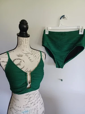 Green Ruched High-Waist Bikini Set with Metal Accent Size MEDIUM - Image 1 of 4