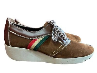 NOS 9 B Brown Suede Vtg 60s 70s Shoes Leather Platform Wedge Heel Oxford Rainbow - Image 1 of 4