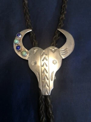 Corbata Bolo de cuero turquesa esterlina firmada por E. Willie Foto 1 de 4