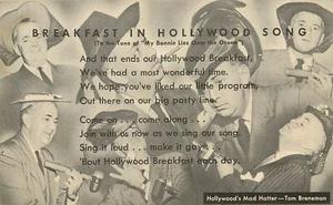 Postal Tom Breneman Breakfast Letra de canción de Hollywood Sombrerero Loco sin usar - Imagen 1 de 2