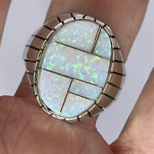 White Opal Inlay Mens Ring Sz 10.5 Oval Navajo Signed Jack Sterling Sil Mosaic