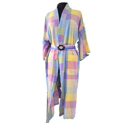 Bata de Colección Lord & Taylor Pastel Cuadros M L con Cinturón Algodón Lino Slub Foto 1 de 4