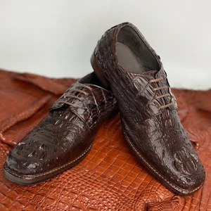 8.5 US Brown Crocodile Leather Lace up Oxford Real Hornback Skin Men's Shoes - Picture 1 of 11