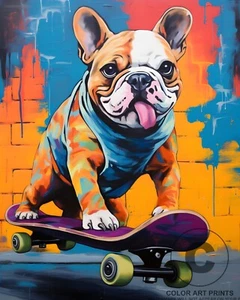 Cute French Bulldog Riding Catching Air Riding Skateboard Giclée Art Print 8x10 - Picture 1 of 2