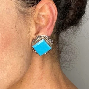MEXICAN Clip On Turquoise Statement Earrings Sterling Silver 925 Non Pierced - Bild 1 von 6