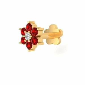 Natural Diamond and Red Ruby Flower Nose Pin Lip Labret Piercing Ring Stud Screw - Picture 1 of 5