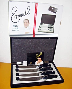 【NEW】EMERIL 8746SHDIL 4-PIECE JUMBO FORGED STEEL STEAK KNIFE SET W/ WOODEN CASE - Picture 1 of 7