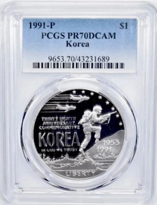 1991 KOREAN WAR Silver $1 PCGS PR70💥FLAWLESS QUALITY💥 - Picture 1 of 4